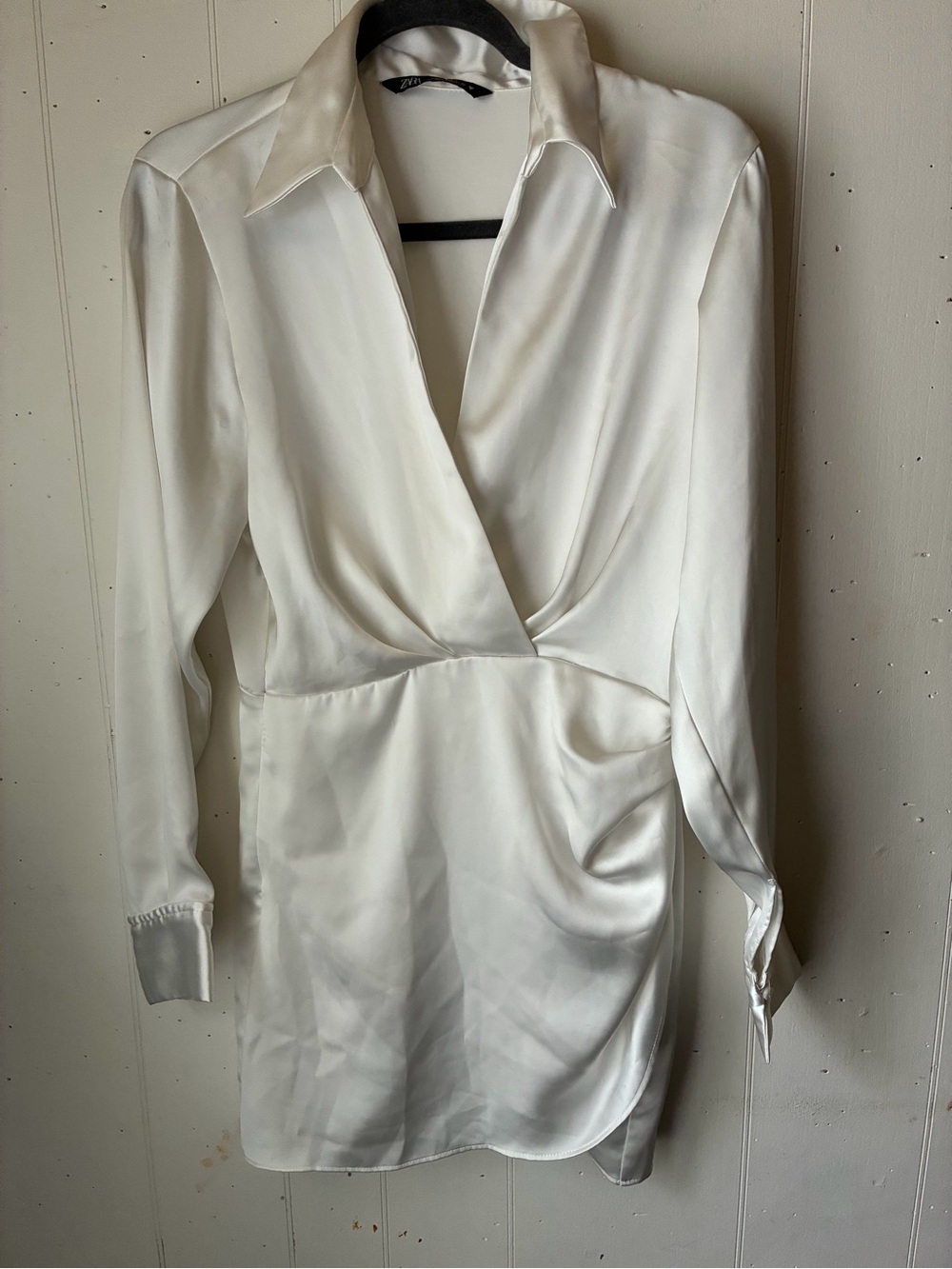 Zara White Satin Wrap Dress with Collar
